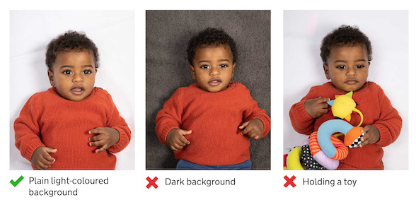 UK baby passport photo example — HMPO compliant plain background